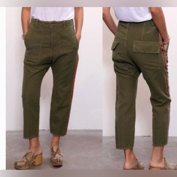 Nili Lotan Slouchy Linen Luna Pant w Side Tape Drop Crotch Army Green Size 4 - Picture 11 of 11